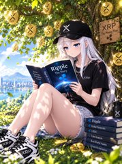 An anime girl with white hair and a black cap sits in a grassy area reading a book titled "Ripple The Story," wearing sneakers with "XRP" branding and surrounded by gold coins and a sign displaying the "XRP" ticker.