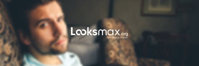 A young man with a beard sits relaxed on a patterned couch, gazing sideways with a calm, confident expression that mirrors the self-assured branding of the site. The overlaid text "Looksmax.org — Aesthetics matter." reinforces the meme's focus on visual appeal and self-presentation.