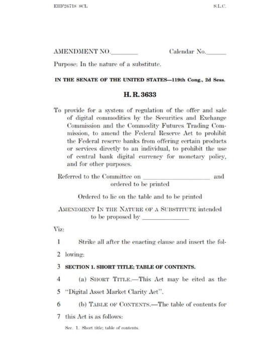 A page from a US legislative document showing H.R. 3633 amendment text in the 119th Congress, 2d Session, with the short title 'Digital Asset Market Clarity Act' and table of contents section.