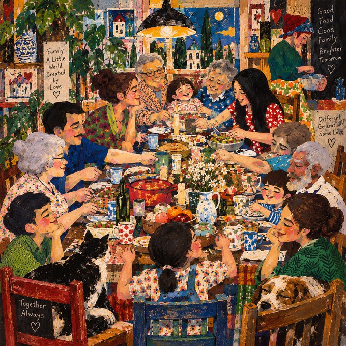 A colorful painting depicts a large family gathered around a dinner table sharing a meal. Visible text includes 'Family A Little World Created by Love', 'Together Always', 'Good Food Good Family Brighter Tomorrow', and 'Different Generations Same Love'.