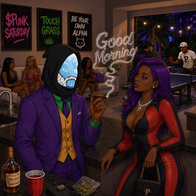 An animated illustration shows a hooded figure in a purple suit and a woman with purple hair at a bar, with 'SPUNK SATURDAY,' 'TOUCH GRASS,' and 'BE YOUR OWN ALPHA' posters on the wall and 'Good Morning' written in smoke.
