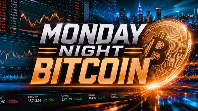 Promotional graphic reading "MONDAY NIGHT BITCOIN" with a gold Bitcoin coin, city skyline, and cryptocurrency price tickers including BTCUSD at 68,742.61 (+2.35%) and ETHUSD at 3,725.19 (+1.92%).