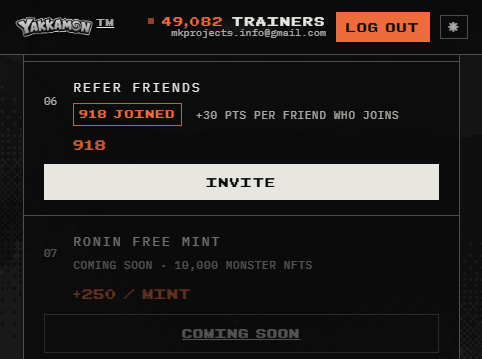 A dark-themed website dashboard interface for 'YARRASON IM' showing '49,082 TRAINERS', a 'Refer Friends' section indicating '918 JOINED', and a 'Coming Soon' notice for 'Ronin Free Mint'.