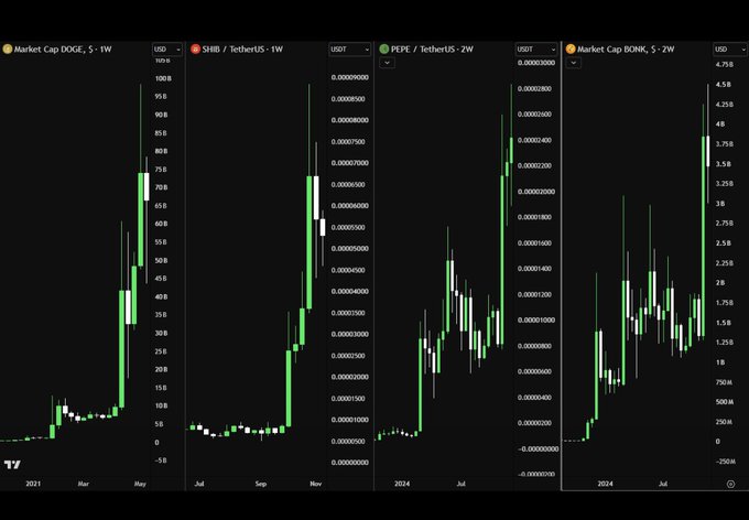 Four cryptocurrency price charts displayed side by side, showing DOGE/USDT, SHIB/Tether, PEPE/Tether, and BONK market cap data.
