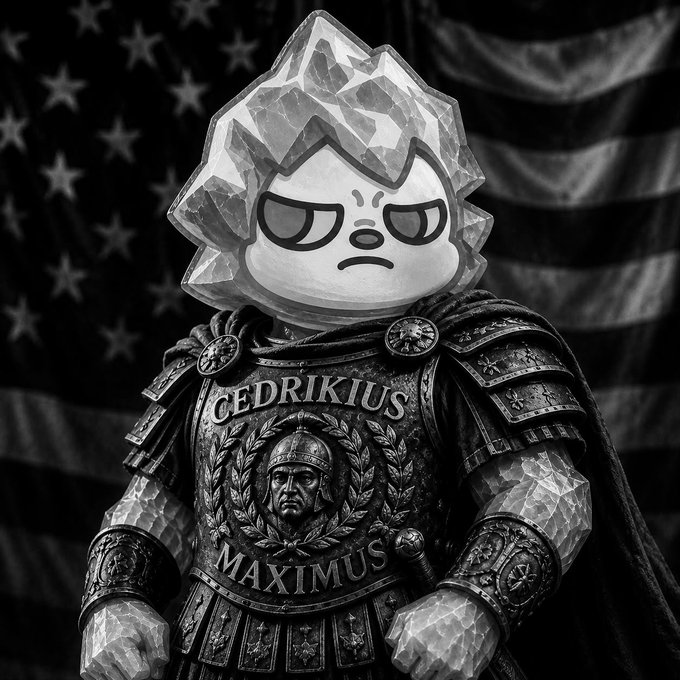 A black-and-white image depicts an angry cartoon crystal-headed character dressed as a Roman gladiator, with "CEDRIKIUS MAXIMUS" inscribed on its chest armor alongside a laurel-wreathed warrior bust, set against an American flag background—appearing to defend Cedrikus amid accusations of disrespect toward his crypto project "flap."