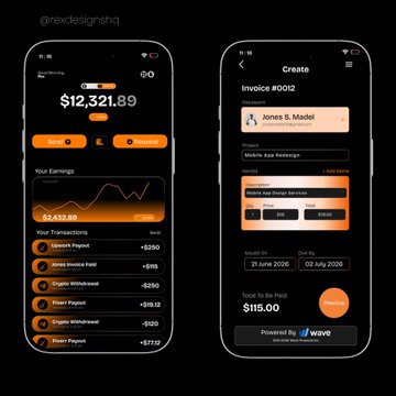 Two dark-themed mobile app UI screens from @rexdesignhq showing a dashboard with $12,321.89 earnings and transaction history on the left, and an invoice creation screen for 'Jones S. Madel' on the right, powered by Wave.