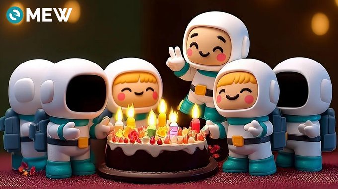 A group of 3D cartoon astronaut characters gather around a birthday cake with lit candles, featuring the 'MEW' logo in the corner.