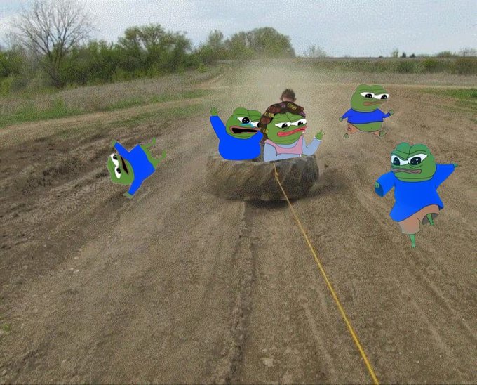 A humorous edited photo showing people riding an inflatable tube on a dirt road, surrounded by superimposed Pepe the Frog cartoon characters in various poses.
