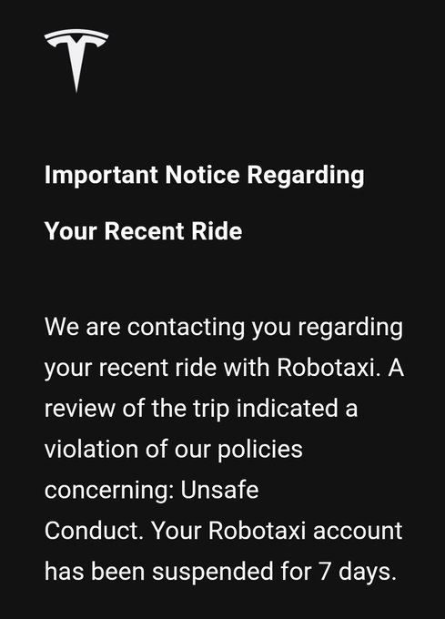 A black notification from Tesla warns of an account suspension for 7 days due to "Unsafe Conduct" during a Robotaxi ride. The caption suggests David Moss, a known Tesla promoter, may have been involved in the incident.