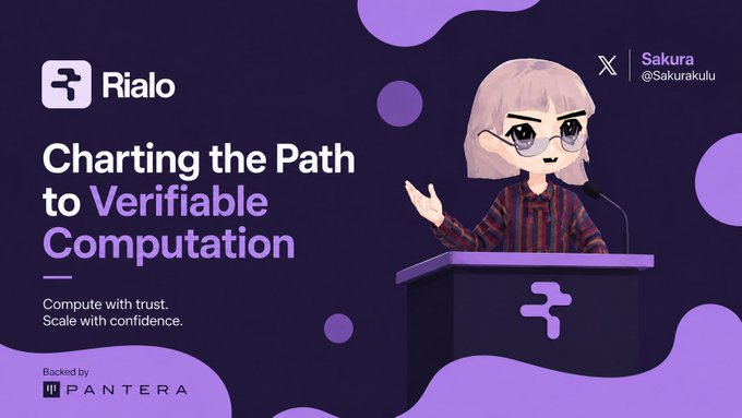 A promotional graphic with a purple background featuring an anime-style character at a podium with the text 'Rialo - Charting the Path to Verifiable Computation' and 'Compute with trust. Scale with confidence,' backed by Pantera.