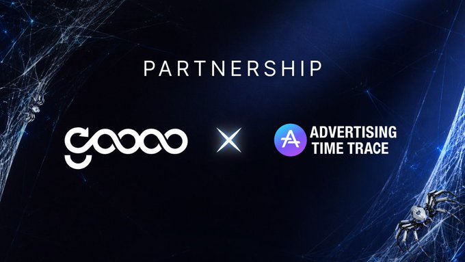 This image announces a partnership between Goooo and Advertising Time Trace, featuring their logos alongside the word "PARTNERSHIP" and stylized spiderwebs, reflecting the post's theme of integrating Web3 technologies.