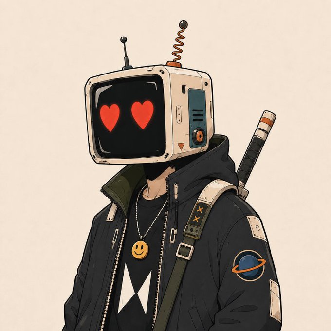 An illustrated character wears a black jacket with patches, a smiley face necklace, and a TV-shaped helmet displaying two red heart eyes on its screen.