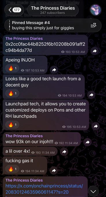A Telegram chat screenshot from 'The Princess Diaries' channel with 247 subscribers, showing pinned message #4 about 'buying this simply just for giggles' and various messages about a 'tech launch'.