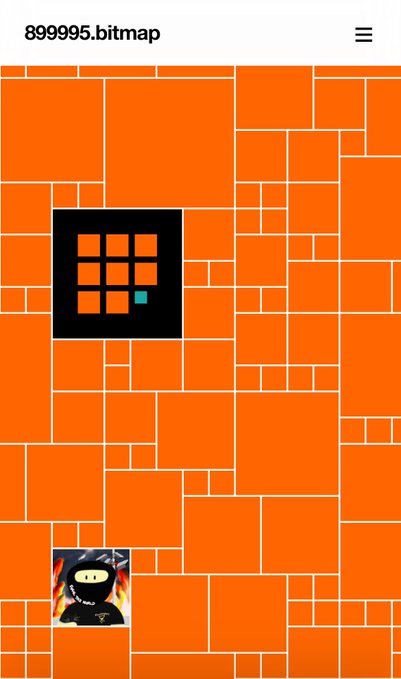 A digital interface titled '899995.bitmap' displays an orange grid pattern with a black square containing smaller orange squares and one teal square in the center.