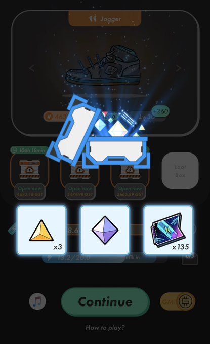 A screenshot from a mobile game showing a reward screen titled 'Jogger' featuring a sneaker, with options to open loot boxes and claim items including gems and cards, and a 'Continue' button.