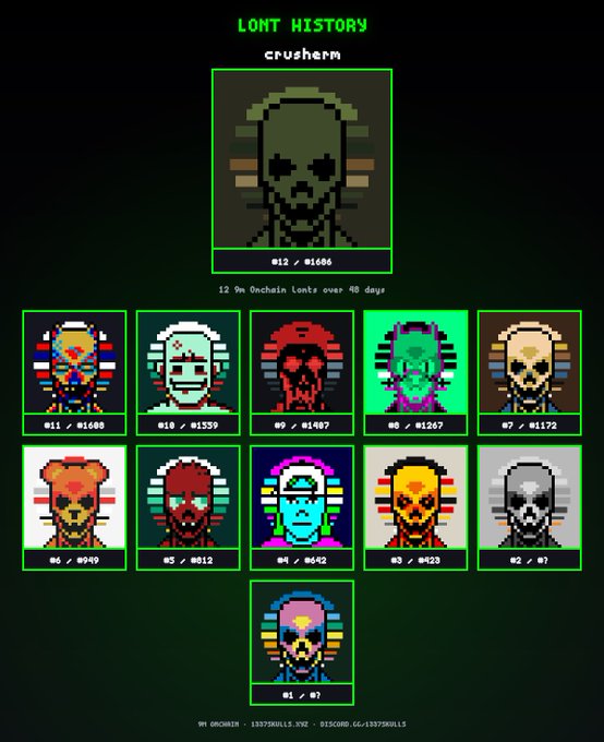 A digital collectible display titled 'LONT HISTORY' featuring a 'crusherm' pixel-art character (#12/#1586) at the top, with 12.9k on-chain lonts over 48 days, and 11 other pixel-art NFT thumbnails labeled #01 through #11 with various mints and counts.
