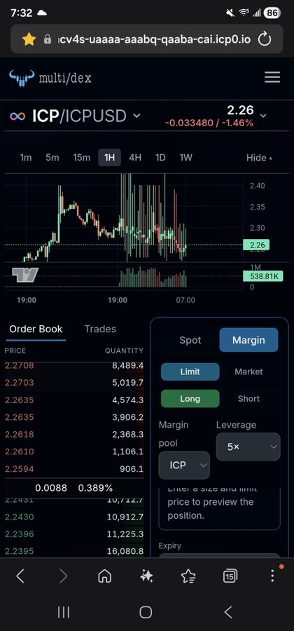 A mobile screenshot of a crypto trading app called 'multidex' showing the ICP/ICPUSD pair at a price of 2.26 (down 1.46%), with a candlestick chart, order book, and a margin trading interface with 5x leverage.