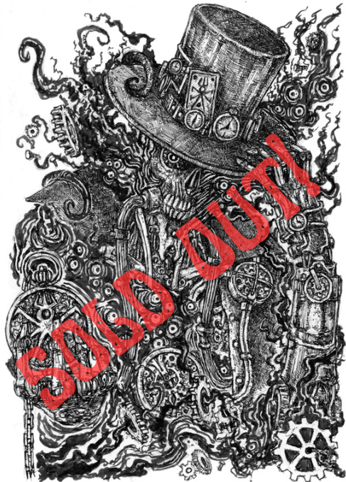 A detailed black-and-white illustration of a steampunk character with a top hat is stamped with the word 'SOLD OUT' in large red letters.