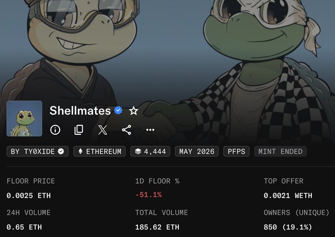 A NFT collection page for "Shellmates" showing a floor price of 0.0025 ETH with a 1D floor drop of -51.1% and 24H volume of 0.65 ETH, visually reinforcing the poster's frustration over the collection's near-total decline in value.