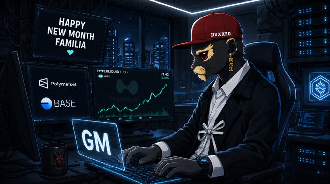 The image features a person wearing a suit with the word "boxed" written on their hat. They are sitting at a desk, using a laptop that displays something called GQM (General Quantitative Market) as they type away. The background of the image shows several computer monitors and keyboards scattered around the workspace. A cup can be seen placed on one of these screens. There is also a small clock in the room.