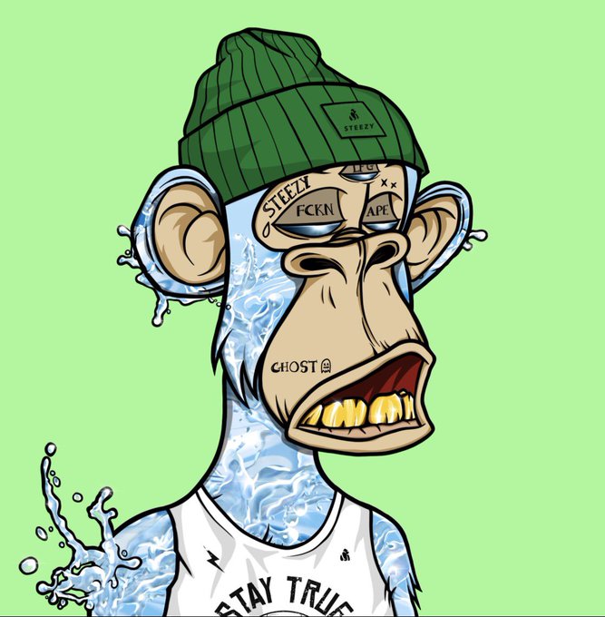 A cartoon illustration of a Bored Ape-style monkey character wearing a green 'STEEZY' beanie and a white tank top that reads 'STAY TRUE,' featuring gold grills and various face tattoos.