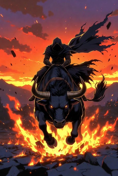 A hooded rider charges forward on a massive black bull with glowing red eyes, emerging from flames against a fiery orange and red apocalyptic sky. The image visually echoes the "GM BULLS" sentiment in the post, with the aggressive, bullish bull symbolizing strong upward market momentum, paired with the tag $ANSEM suggesting it's a bullish shoutout from the crypto influencer.