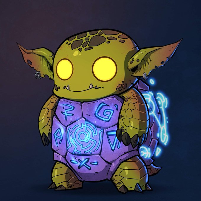 A digital illustration of a cute, goblin-like creature with green skin, large glowing yellow eyes, and pointed ears, wearing a purple shell-like armor piece with glowing blue runes.