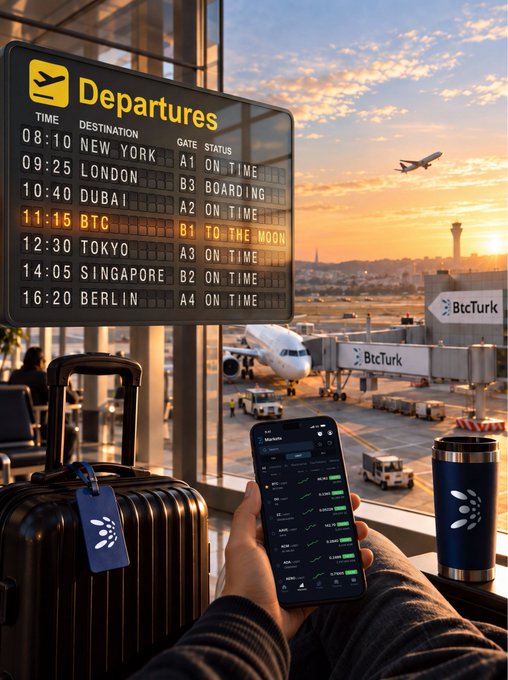 An AI-generated image depicting an airport scene with a departures board listing flights to New York, London, Dubai, BTC ('TO THE MOON'), Tokyo, Singapore, and Berlin, while a person sits in the foreground holding a phone displaying cryptocurrency charts.