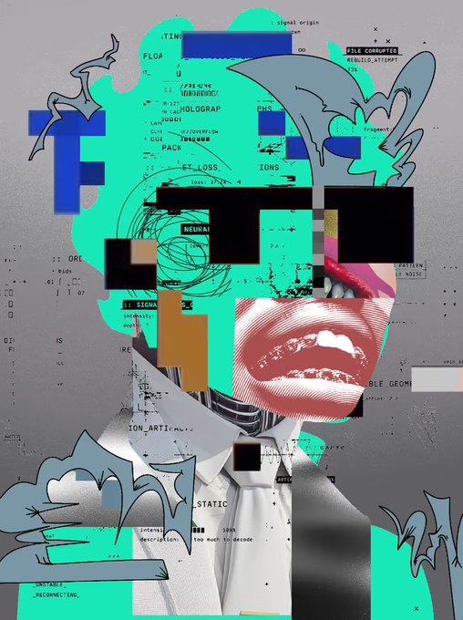 Glitch-style digital collage featuring pixelated boxes over a figure in a suit, layered with turquoise abstract shapes, cartoonish lines, text fragments like "TIN", "FLOP", "NEURAL", "SIGNAL", and a red-tinted image of lips and teeth.