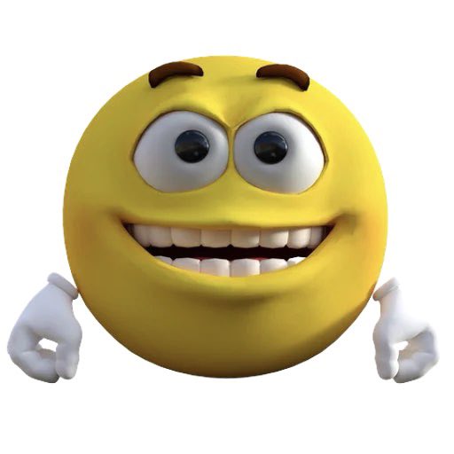 A 3D-rendered yellow smiley face emoji with raised eyebrows, a wide toothy grin, and white-gloved hands visible at the bottom of the frame.