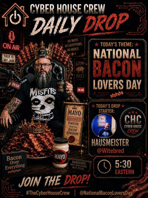 A promotional poster for "CYBER HOUSE CREW DAILY DROP" with the theme "NATIONAL BACON LOVERS DAY" features a bearded man wearing a Misfits shirt, surrounded by graphic elements like skulls, bacon, and mayo, and promotes the "Drop Starter: HAUSMEISTER @Witebred" at 5:30 Eastern.