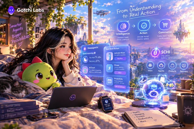 A promotional graphic for 'Gotchi Labs' featuring a young woman cuddling a green plush creature, surrounded by floating UI elements about 'Intelligence', 'Action', and 'Commerce' with the headline 'From Understanding to Real Action'.