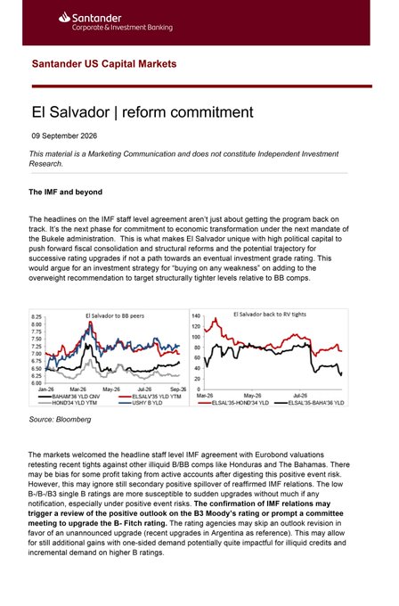 A Santander US Capital Markets report dated 09 September 2026 titled "El Salvador | reform commitment" discusses the country's IMF staff level agreement and its potential path toward investment-grade ratings, featuring two Bloomberg-sourced charts comparing El Salvador's B-/B3 10Y yields to peers like Honduras and the Bahamas (left chart "El Salvador to BB peers") and Argentina (right chart "El Salvador back to EV rights").