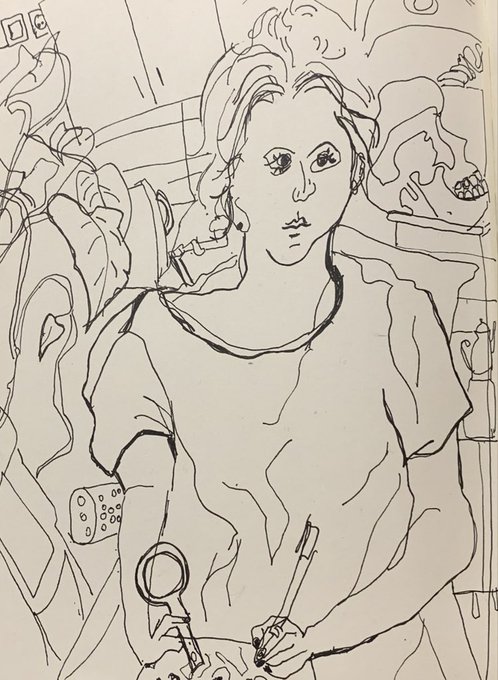 The image features a black and white line drawing of a woman with long hair, wearing a shirt. She holds a pen in her hand, which appears to be a marker or pencil. The drawing is done in a sketch style, giving it an artistic touch. The background shows various objects such as a chair, a bowl, and a sink, suggesting that the scene might depict a kitchen or dining area. The image also includes text that reads "Gm gm, frens 𝓢𝓮𝓵𝓯-𝓹𝓸𝓻𝓽𝓻𝓪𝓲𝓽 A blind contour drawing 10 Eds 10 xtz my work for this year's TezosPride event".