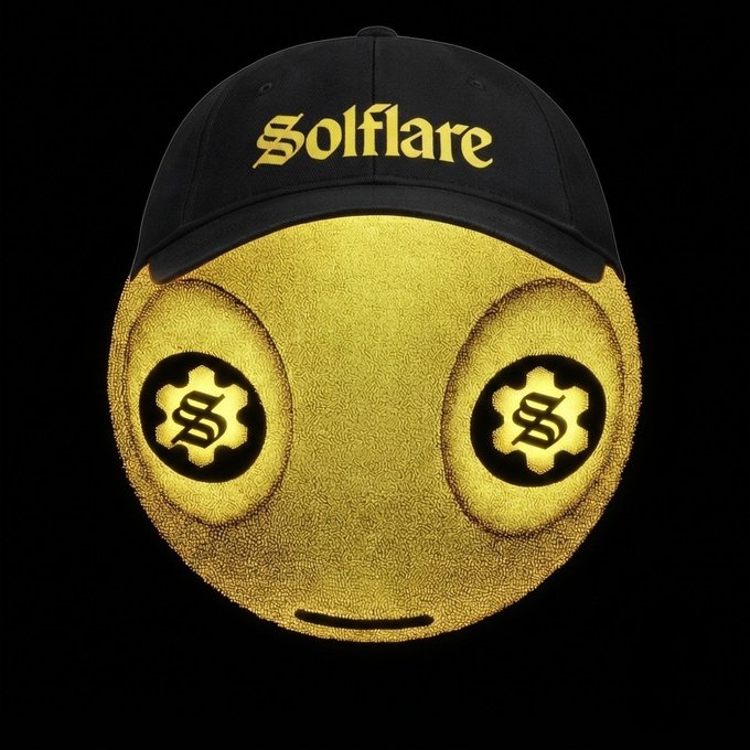 A gold emoji-like face with a serious expression wears a black cap emblazoned with the word 'Solflare' in gold gothic lettering, featuring coin logos with a stylized 'S' for eyes.