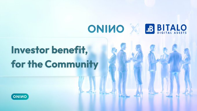 A blue-tinted promotional banner for 'ONINO x BITALO DIGITAL ASSETS' with the headline 'Investor benefit, for the Community' over a silhouette of a group of business professionals.