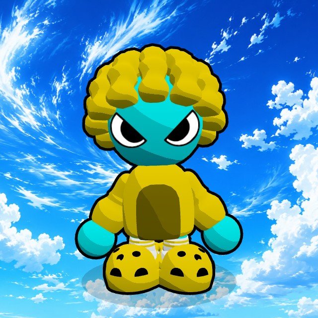A cartoon character with a teal face, curly yellow hair, and yellow clothing stands against a bright blue sky with swirling clouds, appearing to be an NFT artwork that the user excitedly purchased from the @betty_nft collection.