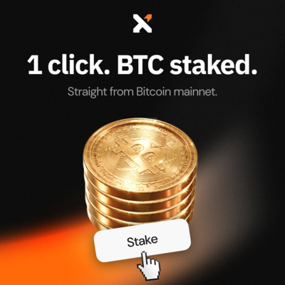 A sleek promotional graphic featuring a stack of gold Bitcoin coins with a "Stake" button being clicked, headlined "1 click. BTC staked. Straight from Bitcoin mainnet."—visually reinforcing Xverse's simplified one-tap Bitcoin staking feature on Starknet, eliminating the need for manual bridging or extra gas tokens.