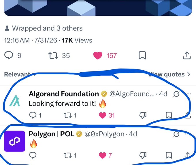 A Twitter/X post with 17K views where the Algorand Foundation and Polygon (POL) accounts have both replied with fire emojis, circled in blue.