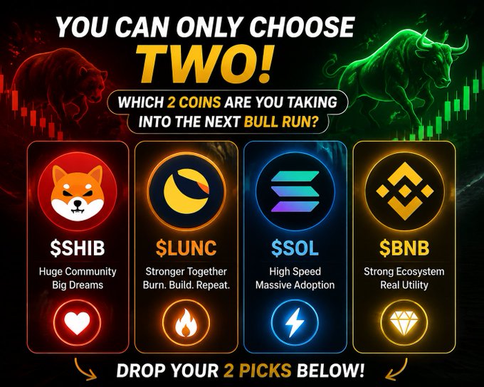 Crypto-themed engagement graphic asking 'YOU CAN ONLY CHOOSE TWO!' featuring four cryptocurrency cards: $SHIB (Huge Community, Big Dreams), $LUNC (Stronger Together, Burn. Build. Repeat.), $SOL (High Speed, Massive Adoption), and $BNB (Strong Ecosystem, Real Utility), with bull and bear market imagery.