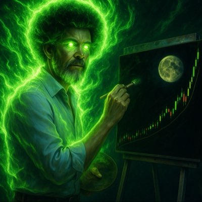 A digital artwork of a bearded man with glowing green eyes surrounded by an aura of green energy, painting a candlestick chart on a canvas with a moon visible in the background.