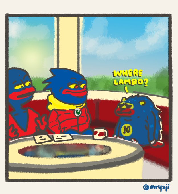 Two disappointed blue Pepe-like characters sit at a table with a third frog-like creature asking "WHERE LAMBO?", while the caption "@mryoji" appears in the corner — humorously depicting traders who missed out on Ethereum's breakout past $2200 and never got their coveted Lamborghini.