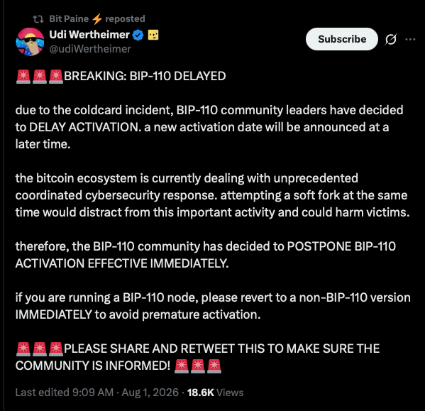 A tweet from Udi Wertheimer (@udiWertheimer) announcing that BIP-110 has been delayed due to a coldcard incident, urging node operators to revert to non-BIP-110 versions immediately.