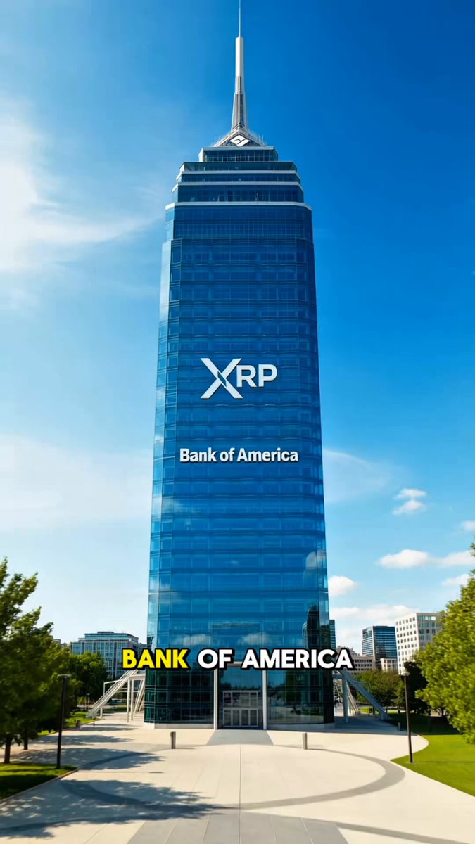 The image features a tall, blue glass skyscraper with the words "XRP" written on its side. The building has a prominent presence against a clear sky backdrop. In front of the building, there are trees that add a touch of nature to the urban landscape. The text in the image reads, "BANKS ARE ALL IN Bank of America just appointed a Global Head of Digital Asset Transformation to lead its crypto strategy. XRP is ready for what's coming." This suggests that the bank is actively involved in the cryptocurrency space and has taken on the role of a leader in this emerging field.
