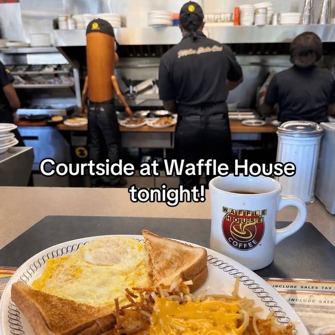 The image shows a breakfast meal at Waffle House, featuring eggs, toast, and hash browns with cheese on a plate next to a Waffle House coffee mug, with the text "Courtside at Waffle House tonight!" overlaid on the scene of cooks working in the open kitchen.