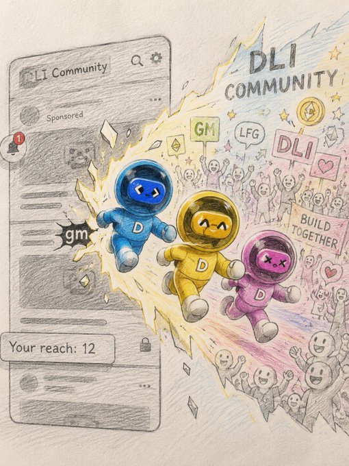 A colorful illustration showing three astronaut characters (blue, yellow, pink) bursting out of a phone screen labeled 'DLI Community' into a vibrant 'DLI COMMUNITY' filled with cheering characters and signs reading 'GM', 'LFG', 'DLI', and 'BUILD TOGETHER'.