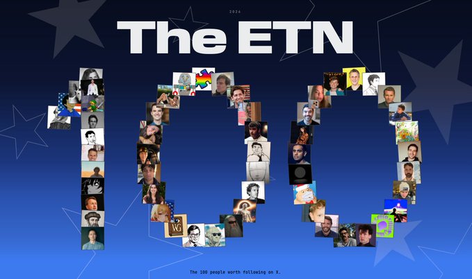 A graphic titled 'The ETN' showing the number '100' formed by a collage of numerous small portrait images against a blue background with stars, with the text 'The 100 people worth following on X.'