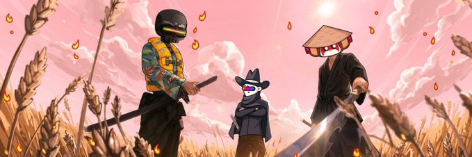 An illustrated scene depicts three characters with futuristic helmets standing in a golden wheat field under a pink sky with floating flame-like particles.