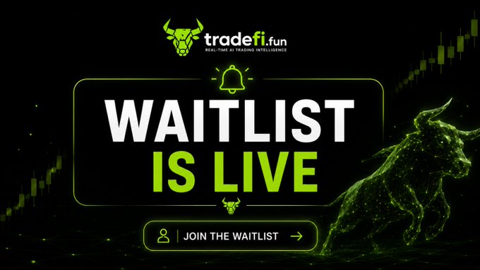 A promotional banner for tradefi.fun advertising 'WAITLIST IS LIVE' with a green bull graphic and 'JOIN THE WAITLIST' button.