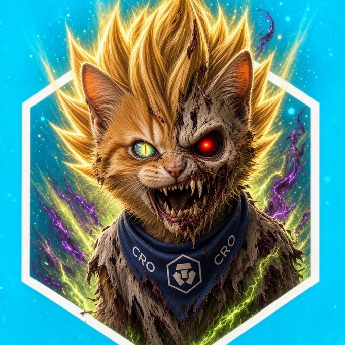 Digital artwork of a battle-damaged, zombie-like cat with spiky golden fur, one green eye, and one glowing red eye, wearing a blue bandana with "CRO" text and a crypto logo.